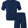 Men's Full Size Textured Polo Shirt and Shorts Set Plus Size - Navy Blue