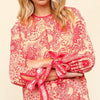 Haptics Ribbon Bow Detail Floral Round Neck Blouse - Peach/Coral
