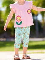 Children's Flower Appliqué Top & Rainbow Print Capri Set - Farnelli