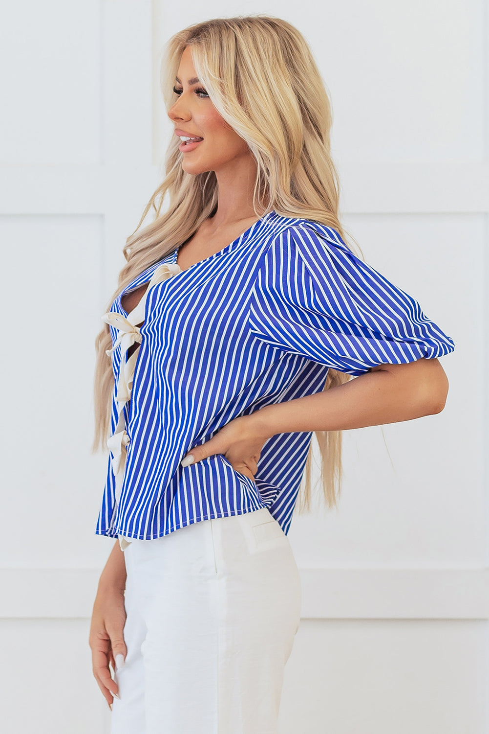 Dream Stripe Tied Front Blouse - Farnelli