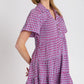 Umgee Full Size Gingham Tiered Button Detail Short Sleeve Dress Plus Size - Farnelli