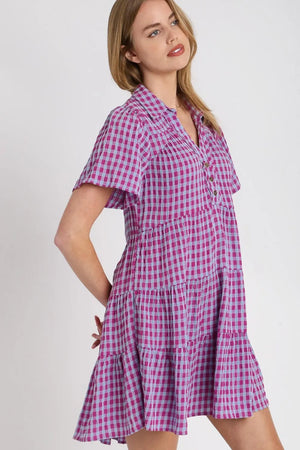 Umgee Full Size Gingham Tiered Button Detail Short Sleeve Dress Plus Size - Farnelli