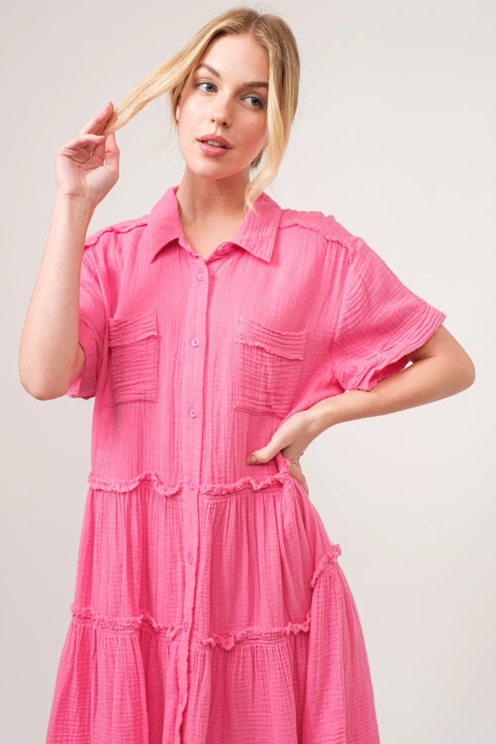 And The Why Full Size Raw Edge Washed Tiered Shirt Dress - Farnelli
