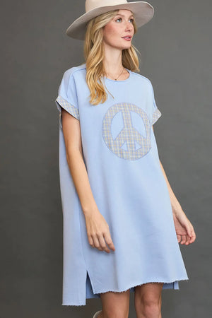 Umgee Peace Plaid Applique Short Sleeve Mini Dress - Farnelli