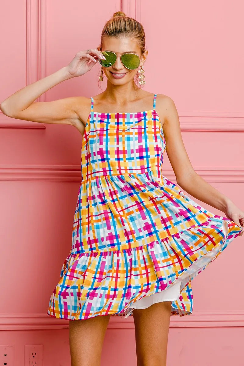 BiBi Multi Colors Plaid Sleeveless Sun Dress - Farnelli