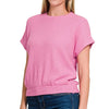 Zenana Round Neck Banded Botton Short Sleeve Sweater - CANDY PINK