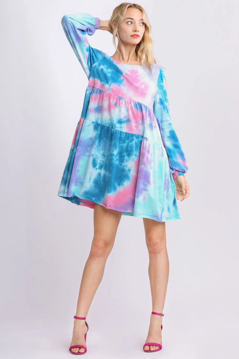 Umgee Full Size Tie Dye Round Neck Long Sleeve Babydoll Tiered Dress Plus Size - Farnelli