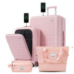 HouseOfZazla 4-piece hard case luggage set with USB charging ports, shown in multiple sizes
