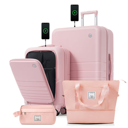 HouseOfZazla 4-piece hard case luggage set with USB charging ports, shown in multiple sizes