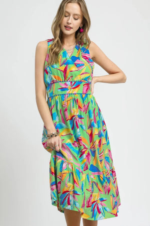 Umgee Ruffled Hem Printed Sleeveless Midi Dress - Farnelli