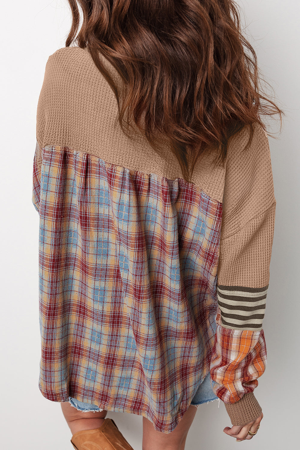 Aaliyah Waffle Stripe Plaid Patchwork Henley Knit Top - Farnelli