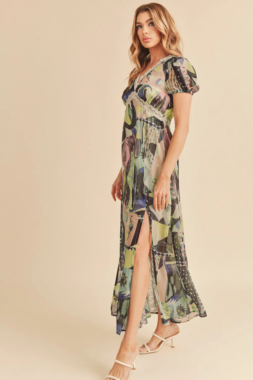 Aemi + Co Lace Detail Slit Geometric Print Short Sleeve Maxi Dress - Farnelli