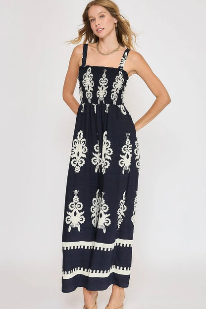 Umgee Full Size Smocked Printed Wide Leg Jumpsuit Plus Size - Farnelli