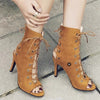 Peep Toe Lace-Up High Heel Boots - Brown