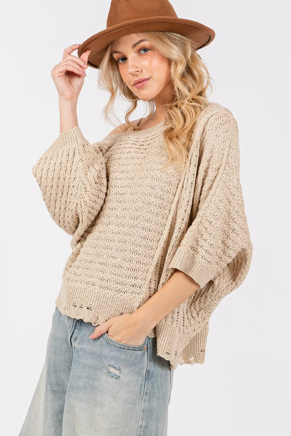 SAGE + FIG Distressed Asymmetrical Open Stitch Sweater - Farnelli