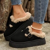 Fuzzy Trim Buckle Platform Slippers - Black
