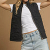 Umgee Quilted Floral Zip Up Vest with Pockets - Black