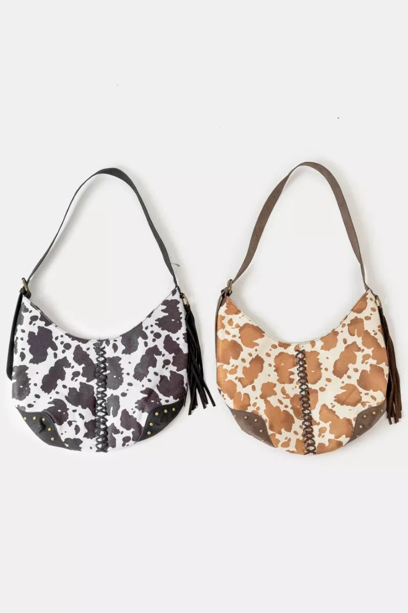 Fame Cow Print Hobo Shoulder Bag with Studded Details - Farnelli