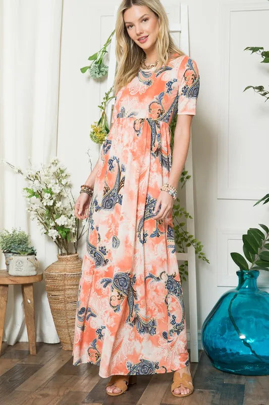 Celeste Paisley Print Short Sleeve Maxi Dress with Pockets - Farnelli