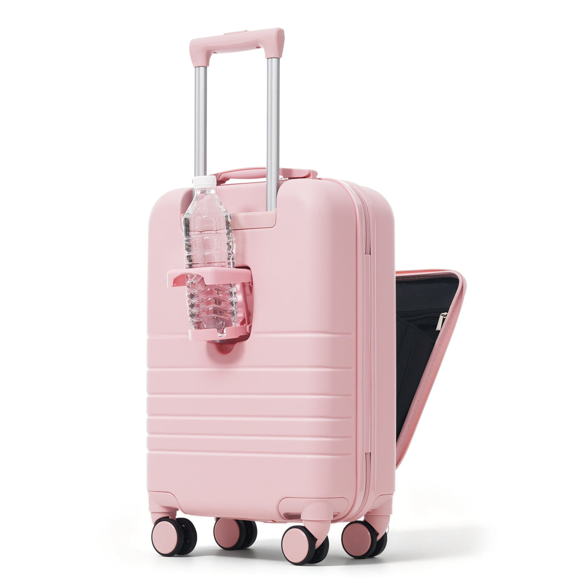 HouseOfZazla 4-piece hard case luggage set with USB charging ports, shown in multiple sizes