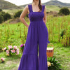Davi & Dani Smocked Bodice Strap Ruffle Tie Belt Jumpsuit - PURPLE