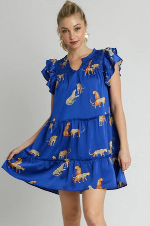 Umgee Full Size Cheetah Print Notched Ruffle Layered Cap Sleeve Mini Dress Plus Size - Farnelli