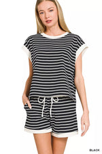 Zenana Stripe Contrast Trim Top & Shorts Set - Farnelli