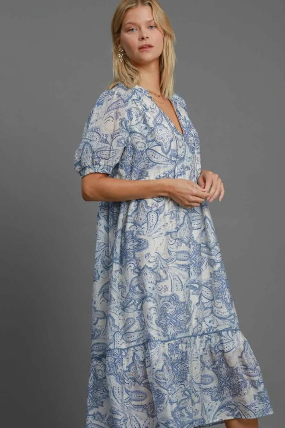 Umgee Full Size Printed Puff Short Sleeve Midi Dress Plus Size - Farnelli