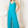 Double Take Full Size Soft Rayon Spaghetti Strap Tied Wide Leg Jumpsuit - Sky Blue