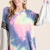 BiBi Tie Dye Terry Top with Contrast Puff Sleeves - CHARCOAL TIE DYE