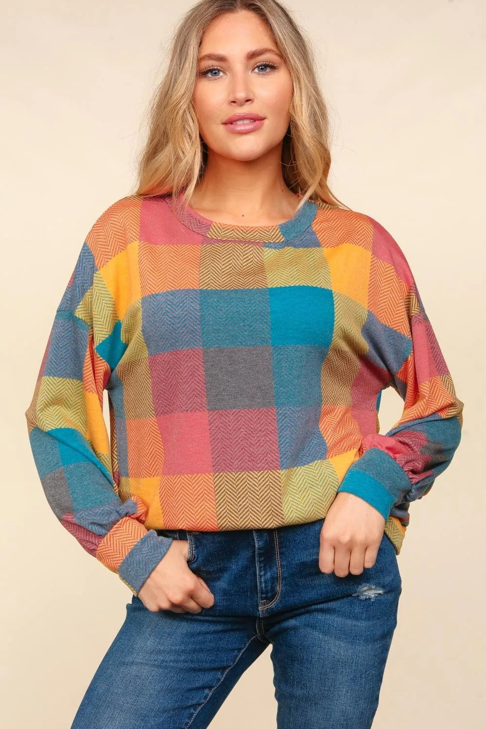 Haptics Round Neck Color Block Plaid Top - Farnelli
