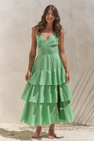 Jade By Jane Full Size Sleeveless Gingham Print Tiered Midi Dress Plus Size - Farnelli