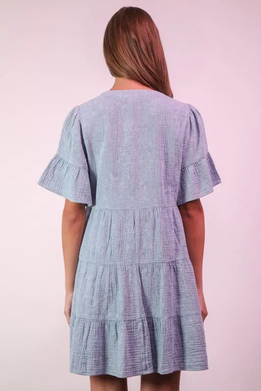 VERY J Mineral Washed Baby Bell Sleeve Woven Mini Dress - Farnelli