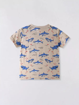 Children's Shark Print Crew Neck Short Sleeve T-Shirt - Farnelli