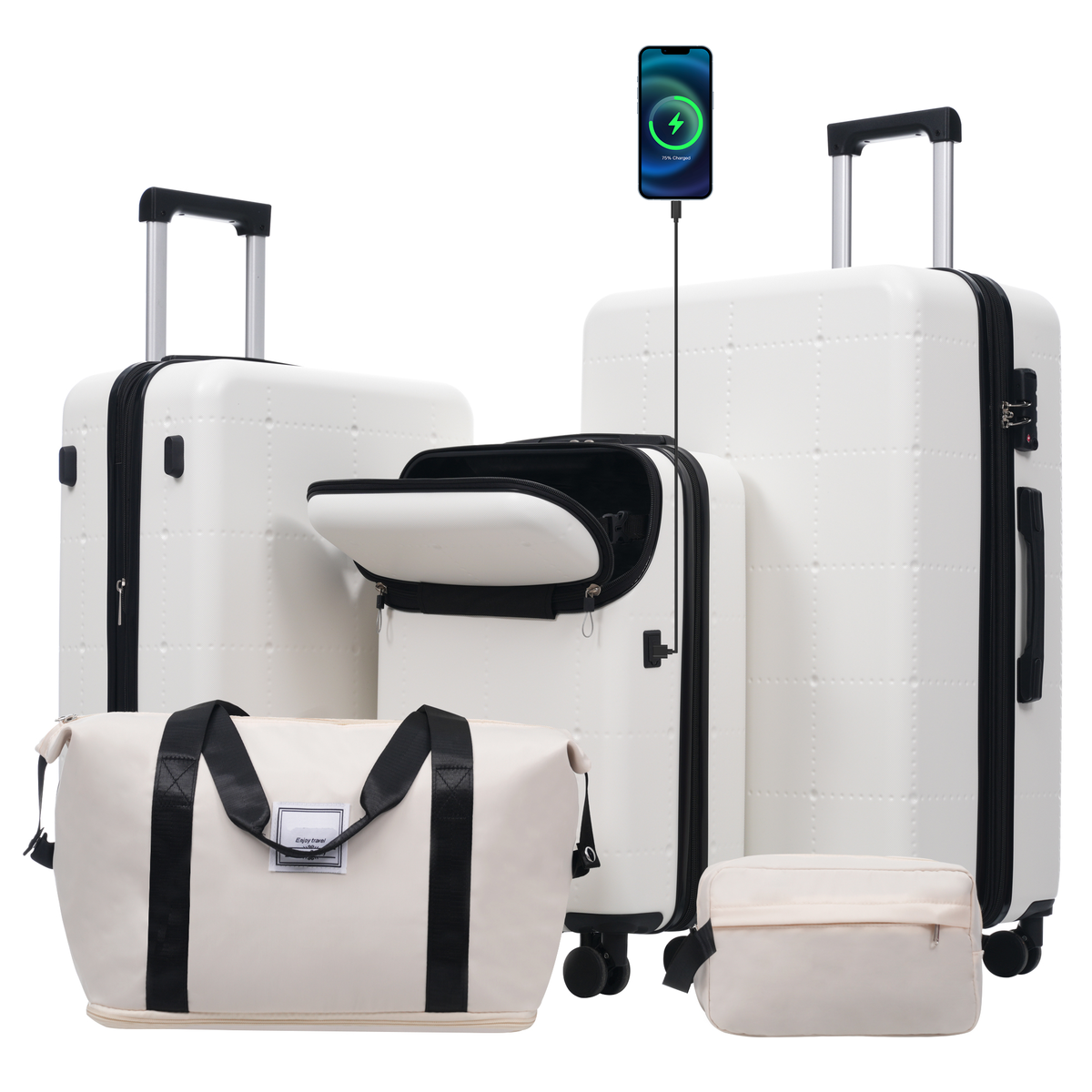 HouseOfZazla 5-piece black hardside luggage set with USB port, featuring rolling suitcases and travel cases