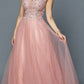 Juliet 684 Cap Sleeved Long Formal Dress with Appliques