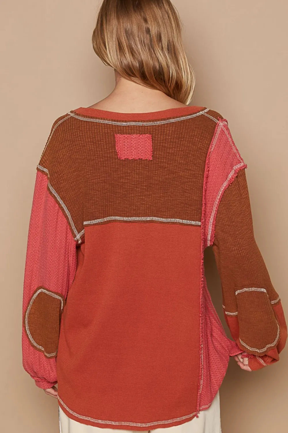 POL V-Neck Knit Panel Exposed Seam Top - Farnelli