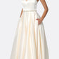 Juliet 688 Floor Length Shiny Satin A-Line Gown Beaded Belt with Pockets
