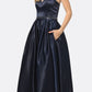 Juliet 688 Floor Length Shiny Satin A-Line Gown Beaded Belt with Pockets
