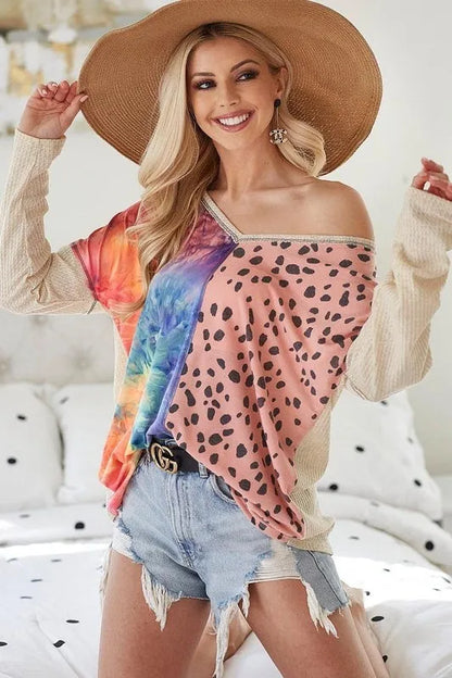 BiBi Print Block V Neck Top with Contrast Stitching - Farnelli