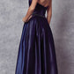 Juliet 688 Floor Length Shiny Satin A-Line Gown Beaded Belt with Pockets