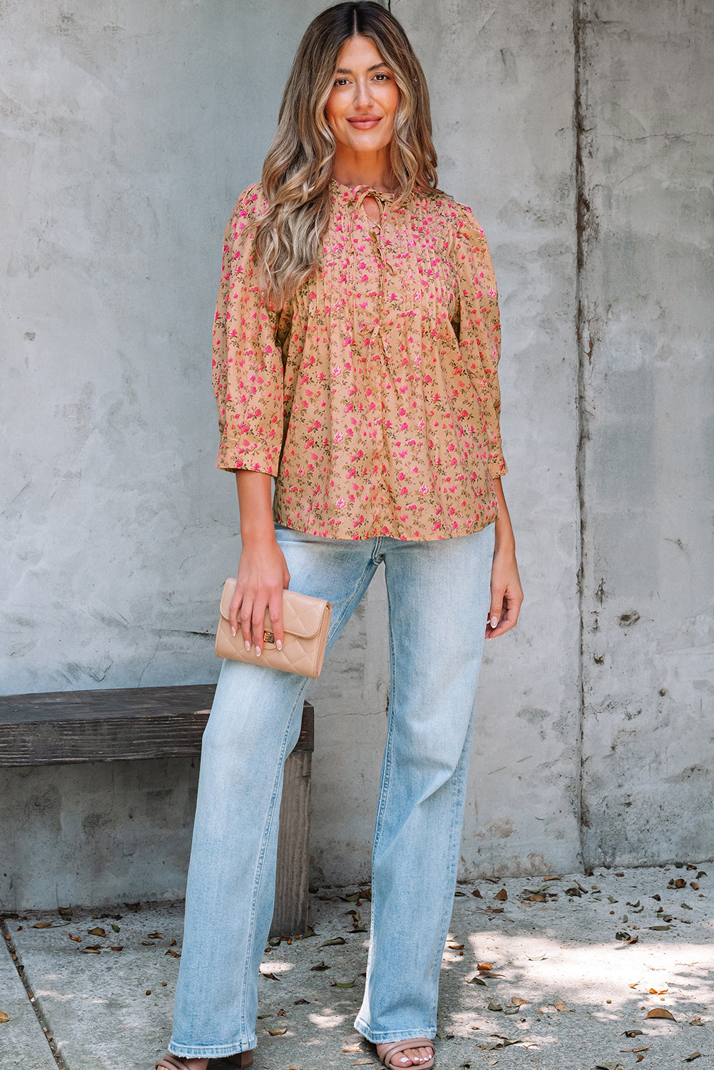 Sadie Floral Bow Pin-tuck Bust Half Puff Sleeve Blouse - Farnelli