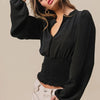 BiBi Smoking Waist Band and Puff Sleeves Deep V Neck Top - BLACK