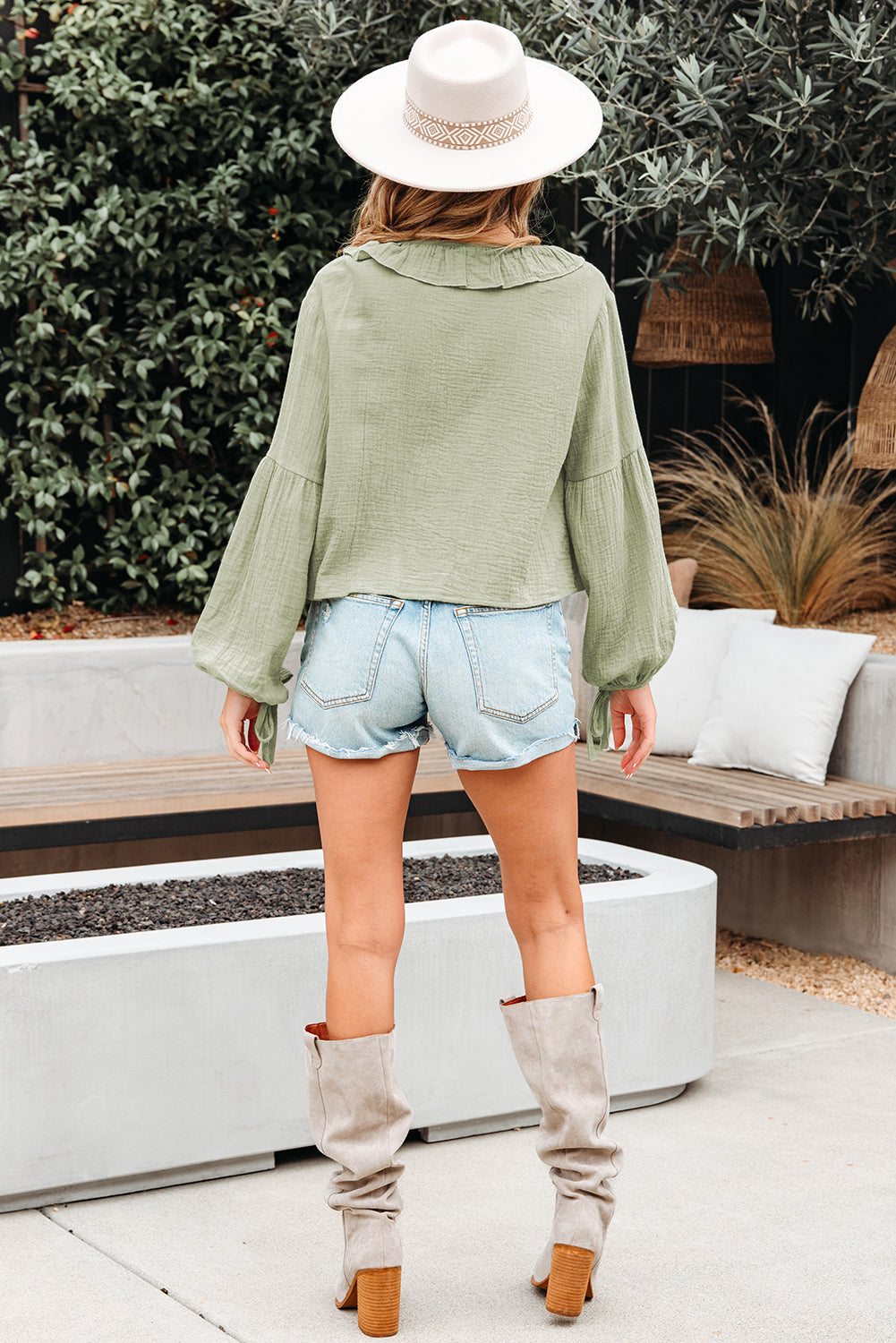 Natalia Bow Tie Front Ruffle Trim Long Sleeve Gauze Blouse - Farnelli