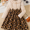 Children's Leopard Print Ruffle Collar Long Sleeve Dress - Apricot