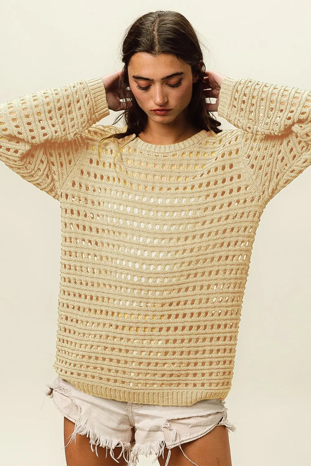 BiBi Round Neck Openwork Knit Cover Up - Farnelli