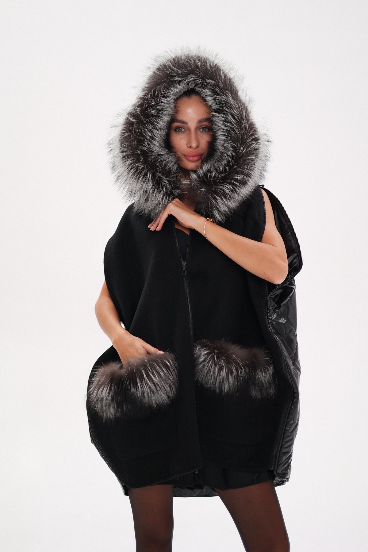 Alaska Outerwear Company black Saga Furs silver fox wool cashmere poncho vest coat