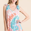 BiBi Circular Tie Dye Knit V Neck Top With Ruffle - PINK/MINT