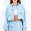 American Bazi Drawstring Waist Crop Denim Jacket - LT Blue