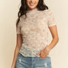 Davi & Dani Floral Mesh Mock Neck Short Sleeve Top - OLIVE SAGE